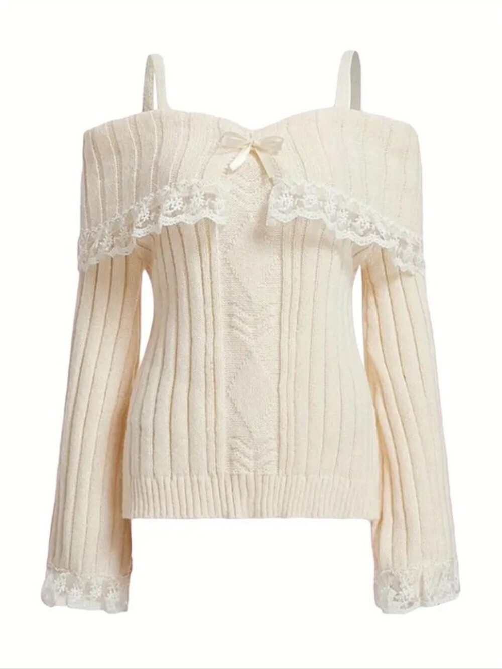 Women's Vintage Lace Cold Shoulder Sweater - Long Sleeve Bow Front Lace Panel